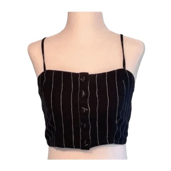 Forever 21 Linen Pinstripe Camisole Top Black White Button Front M - Picture 1 of 5